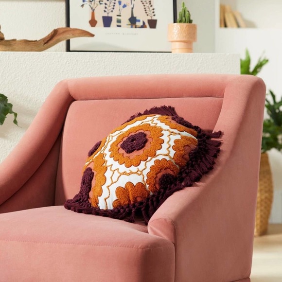 Opalhouse Other - Opalhouse × Jungalow Embroidered Orange Maroon Floral Round Throw Pillow Tassel